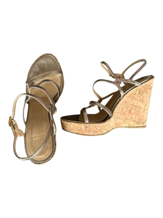 Stuart Weitzman Shoe Size Est 6.5 Gold Cork Strapy Ankle Buckle Wedges Gold / Est 6.5