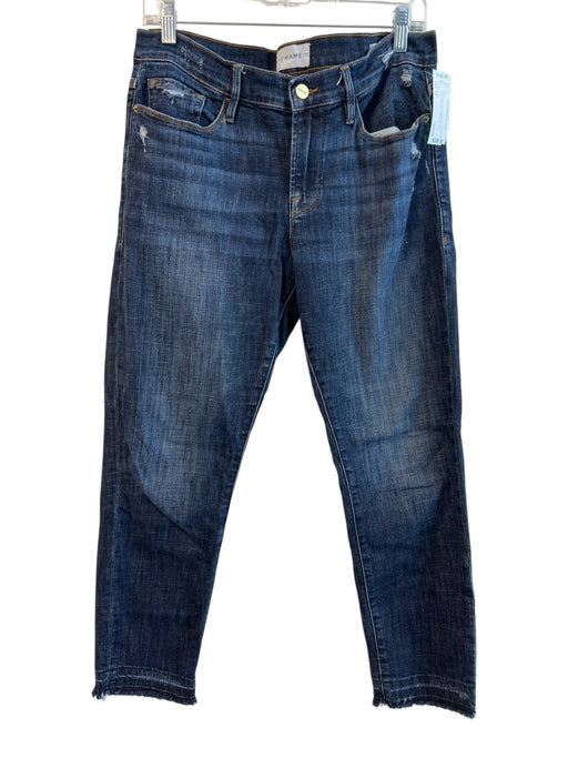 Frame Size 29 Dark Wash Cotton Blend Zip Fly 5 Pocket Mid Rise Distressed Jeans Dark Wash / 29