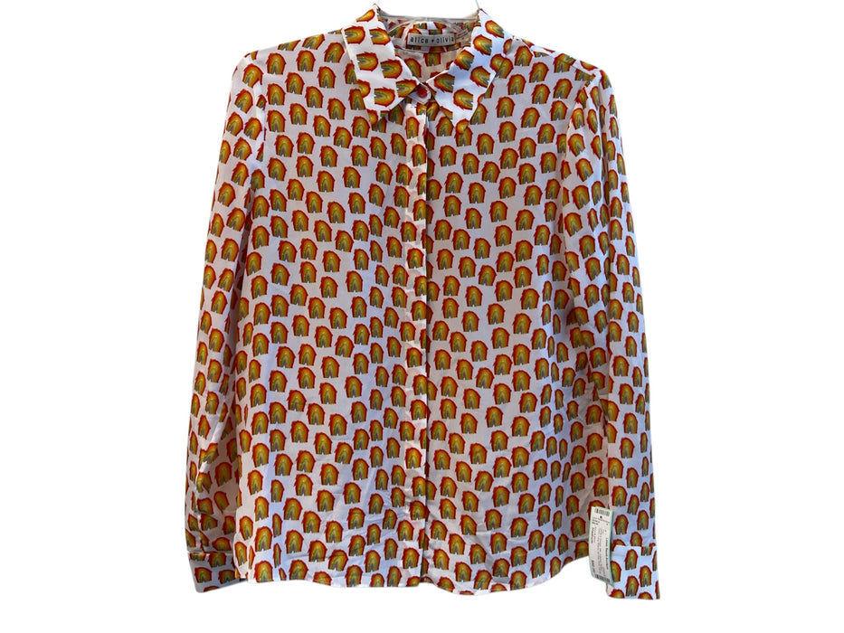 Alice & Olivia Size Medium White & Orange Silk Collared Button Down Top White & Orange / Medium