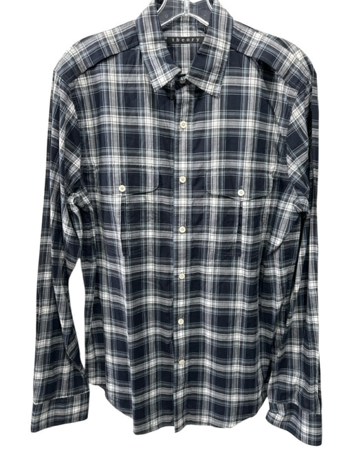 Theory NWT Size M Navy & Blue Cotton Plaid Button Up Men's Long Sleeve Shirt Navy & Blue / M