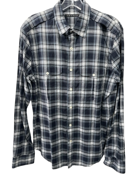 Theory NWT Size M Navy & Blue Cotton Plaid Button Up Men's Long Sleeve Shirt Navy & Blue / M