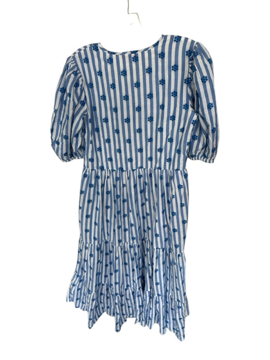 Oliphant Size S Blue & White Cotton Floral Stripe V Neck Bubble Sleeve Dress Blue & White / S