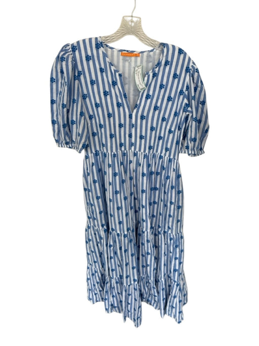 Oliphant Size S Blue & White Cotton Floral Stripe V Neck Bubble Sleeve Dress Blue & White / S
