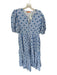Oliphant Size S Blue & White Cotton Floral Stripe V Neck Bubble Sleeve Dress Blue & White / S