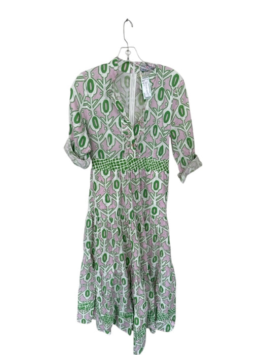 CK Bradley Size M Green & Pink Cotton Long Sleeve Abstract Gold Buttons Dress Green & Pink / M