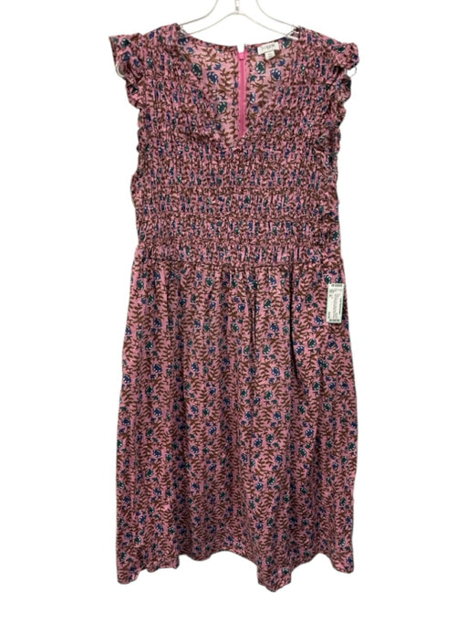 J. Crew Size XL Pink, Brown, Blue Cotton Blend Shirred block print floral Dress Pink, Brown, Blue / XL