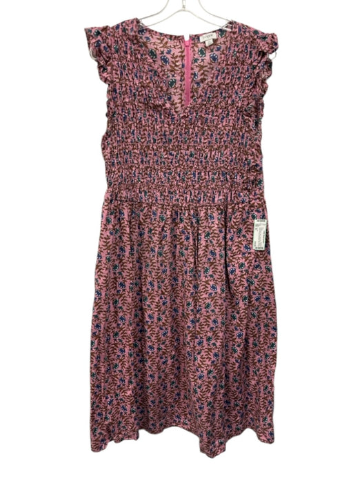 J. Crew Size XL Pink, Brown, Blue Cotton Blend Shirred block print floral Dress Pink, Brown, Blue / XL