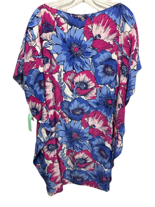 Marie Oliver Size XL Blue, Pink, White Silk Short Sleeve Floral Print Dress Blue, Pink, White / XL