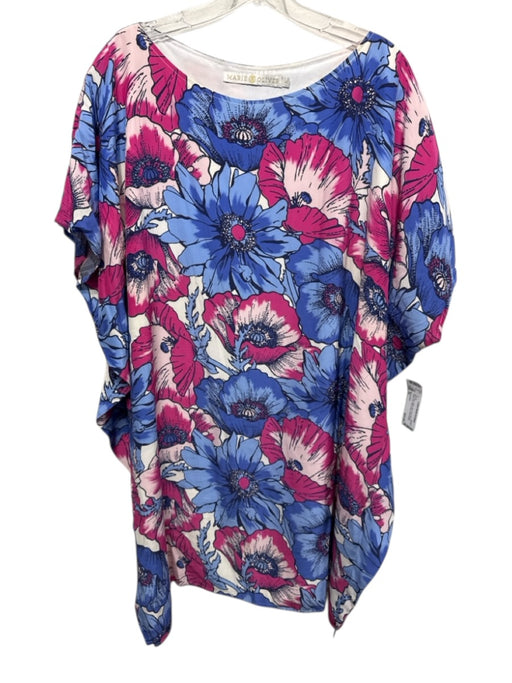 Marie Oliver Size XL Blue, Pink, White Silk Short Sleeve Floral Print Dress Blue, Pink, White / XL
