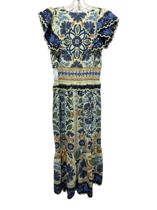 Farm Rio Size Small Blue, Green, Brown Cotton Ruffle Cap Sleeve Floral Dress Blue, Green, Brown / Small