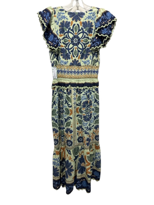 Farm Rio Size Small Blue, Green, Brown Cotton Ruffle Cap Sleeve Floral Dress Blue, Green, Brown / Small