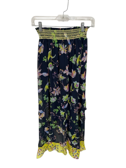 Tanya Taylor Size 2 Navy & Yellow Silk Floral Stitch Detail Rouched Maxi Skirt Navy & Yellow / 2