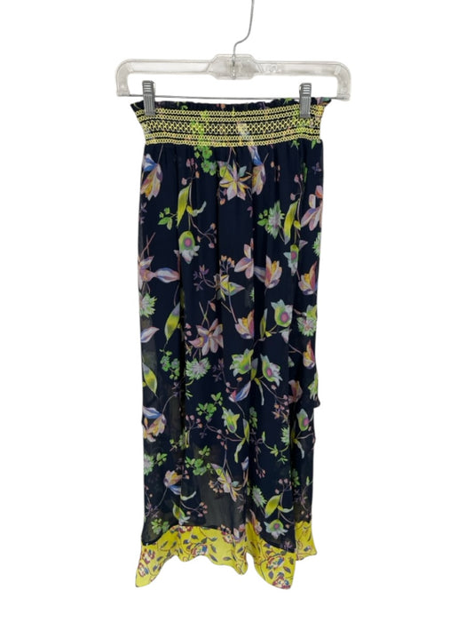 Tanya Taylor Size 2 Navy & Yellow Silk Floral Stitch Detail Rouched Maxi Skirt Navy & Yellow / 2