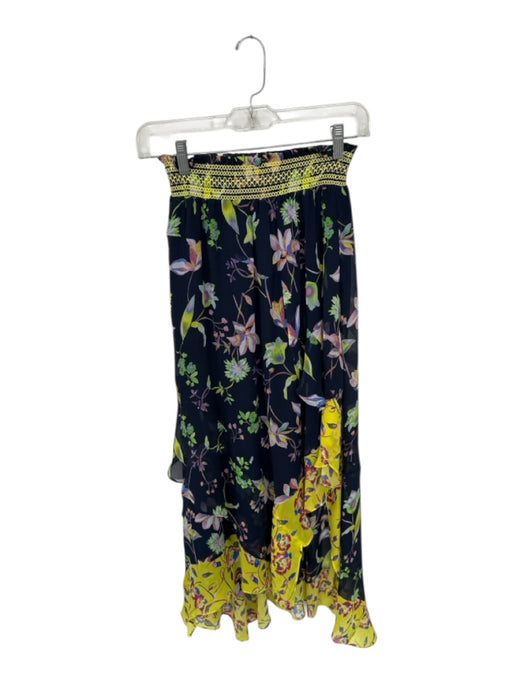 Tanya Taylor Size 2 Navy & Yellow Silk Floral Stitch Detail Rouched Maxi Skirt Navy & Yellow / 2
