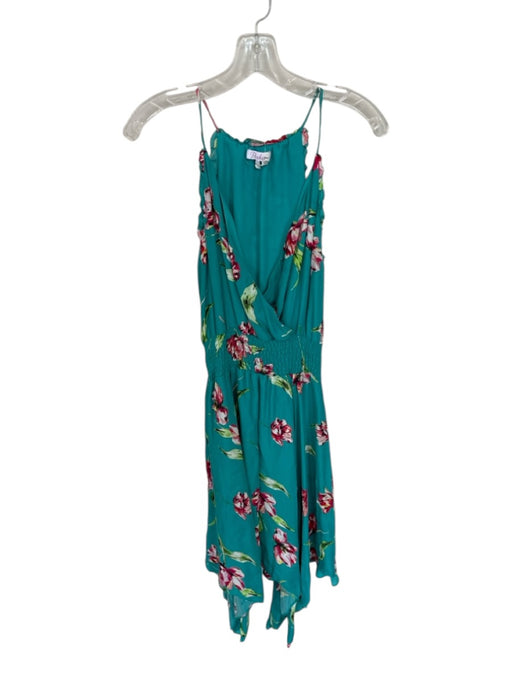 Parker Size XS Teal Polyester Blend Floral V Neck Rouched Dress Teal / XS