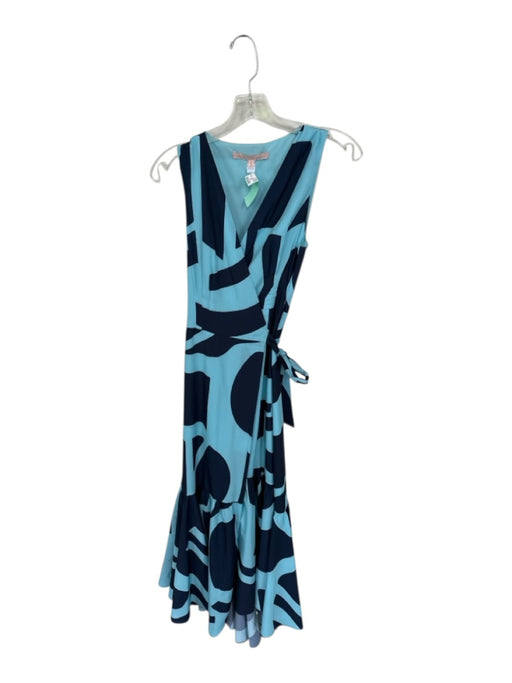 Hutch Size S Blue & Navy Polyester Blend Abstract V Neck Tie Around Midi Dress Blue & Navy / S