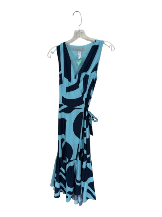 Hutch Size S Blue & Navy Polyester Blend Abstract V Neck Tie Around Midi Dress — Labels Resale Boutique