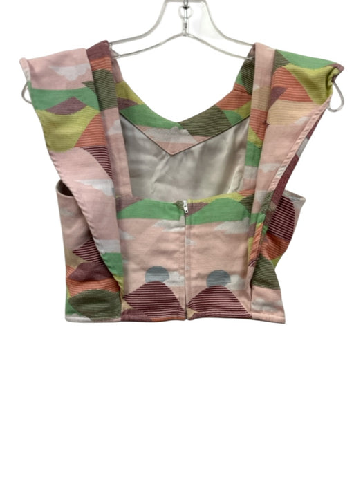 Koch Size S Pink & Multi Cotton Blend Ruffle Cap Sleeve Square Back Crop Top Pink & Multi / S