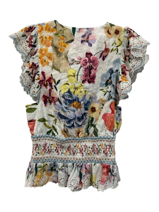 Farm Rio Size S White & Multi Cotton Floral Swiss Dot Ruffle Cap Sleeve Top White & Multi / S