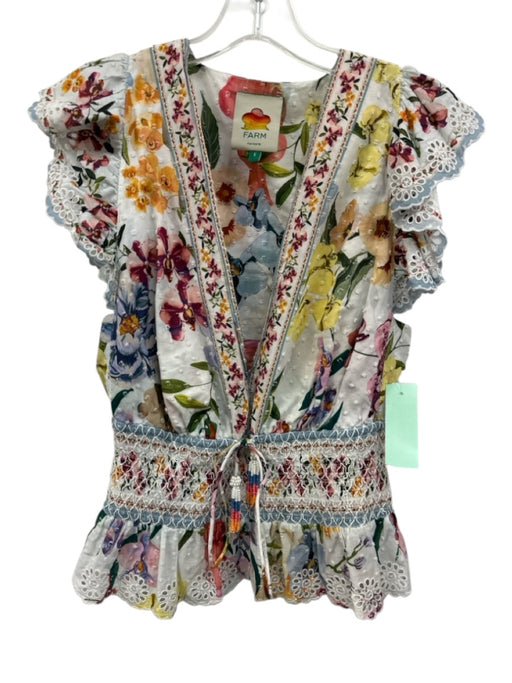 Farm Rio Size S White & Multi Cotton Floral Swiss Dot Ruffle Cap Sleeve Top White & Multi / S