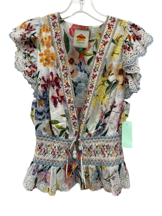 Farm Rio Size S White & Multi Cotton Floral Swiss Dot Ruffle Cap Sleeve Top White & Multi / S