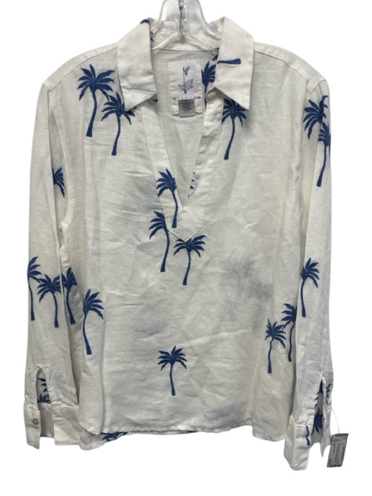 Calypso St. Barth Size S Blue & White Linen Long Sleeve Palm Tree V Neck Top Blue & White / S