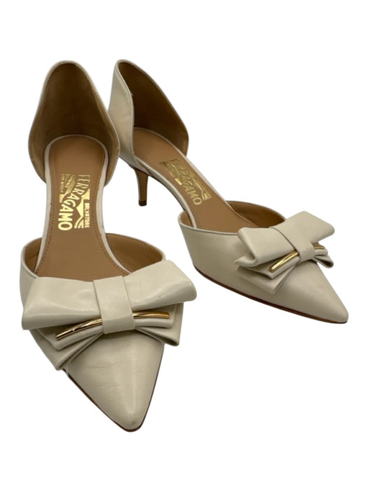 Salvatore Ferragamo Shoe Size 8 Cream Leather Bow Pointed Toe D'orsay Pumps Cream / 8