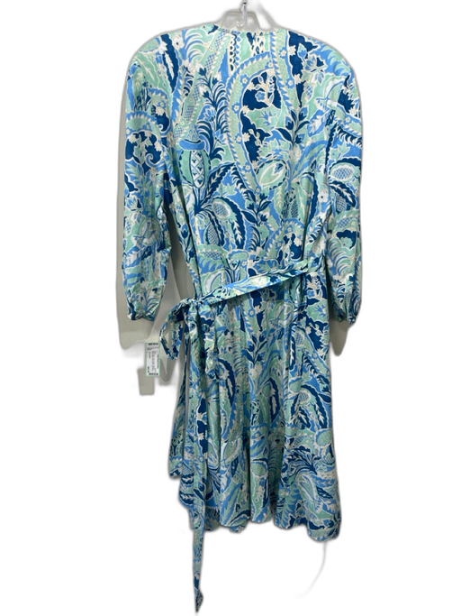 J. McLaughlin Size L Blue & Green Silk & Cotton Abstract Floral Wrap Dress Blue & Green / L