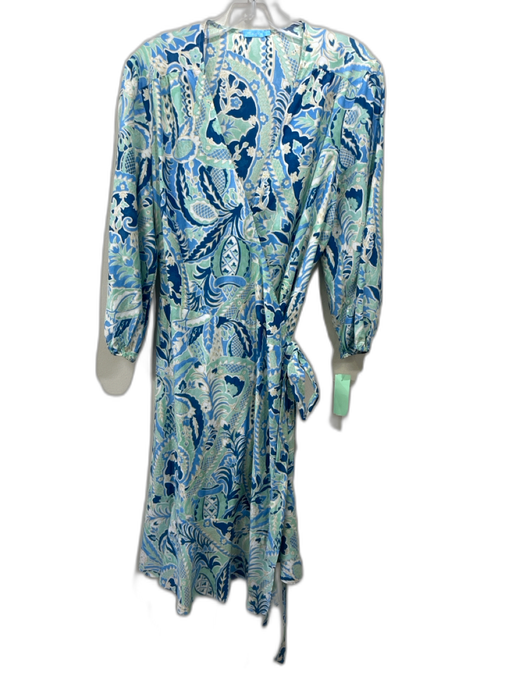J. McLaughlin Size L Blue & Green Silk & Cotton Abstract Floral Wrap Dress Blue & Green / L