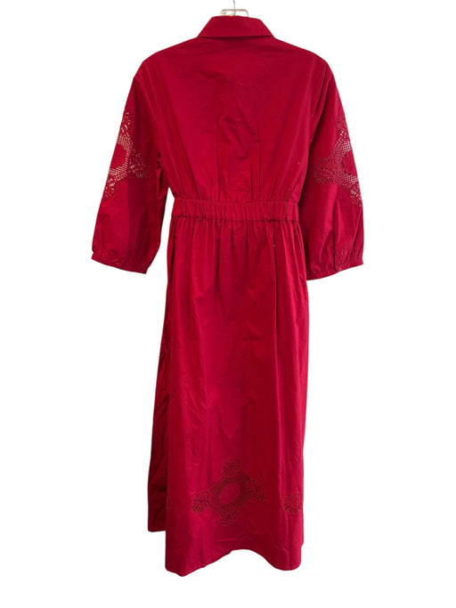 Banjanan Size S Red Cotton Collared 3/4 Button Waist tie Eyelet Dress Red / S