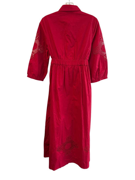 Banjanan Size S Red Cotton Collared 3/4 Button Waist tie Eyelet Dress Red / S