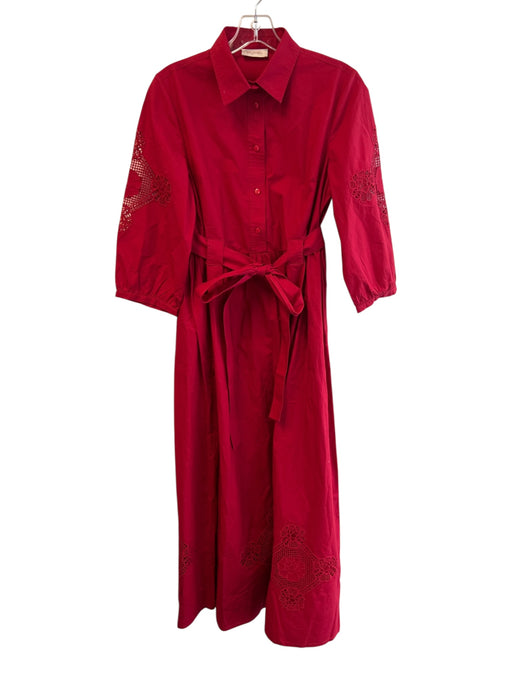 Banjanan Size S Red Cotton Collared 3/4 Button Waist tie Eyelet Dress Red / S