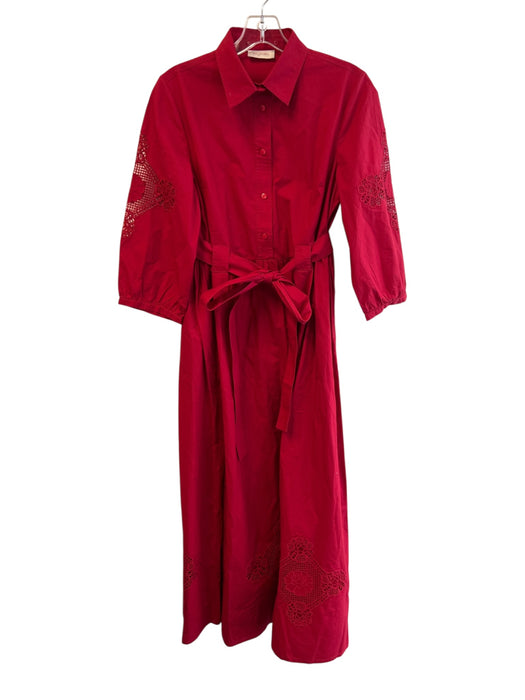 Banjanan Size S Red Cotton Collared 3/4 Button Waist tie Eyelet Dress Red / S