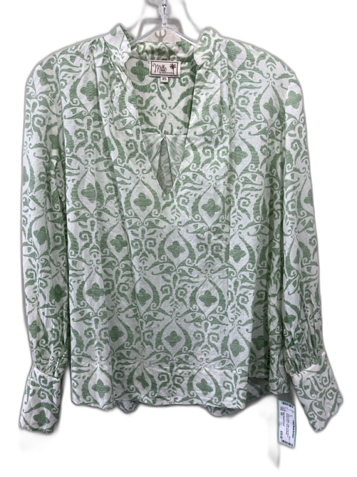 Mille Resort & Travel Size XS Green & White Cotton Long Sleeve V Neck Top Green & White / XS