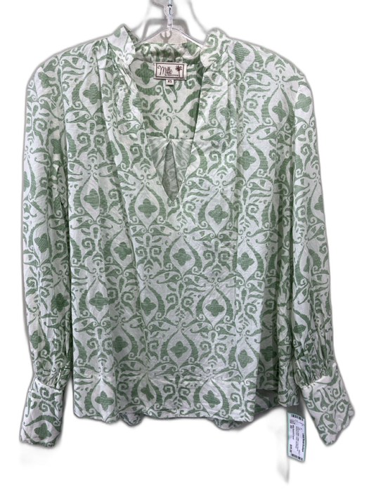 Mille Resort & Travel Size XS Green & White Cotton Long Sleeve V Neck Top Green & White / XS