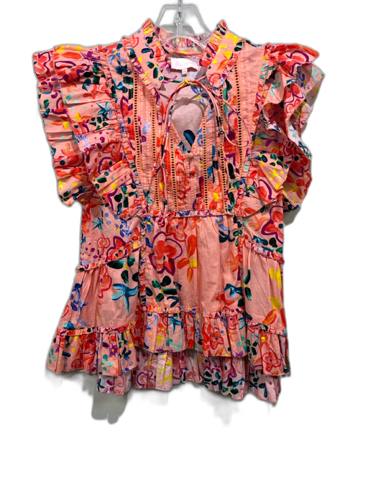 Alivia Size XS Peach, Green & Multi Cotton Tiered Short Sleeve Floral V Neck Top Peach, Green & Multi / XS