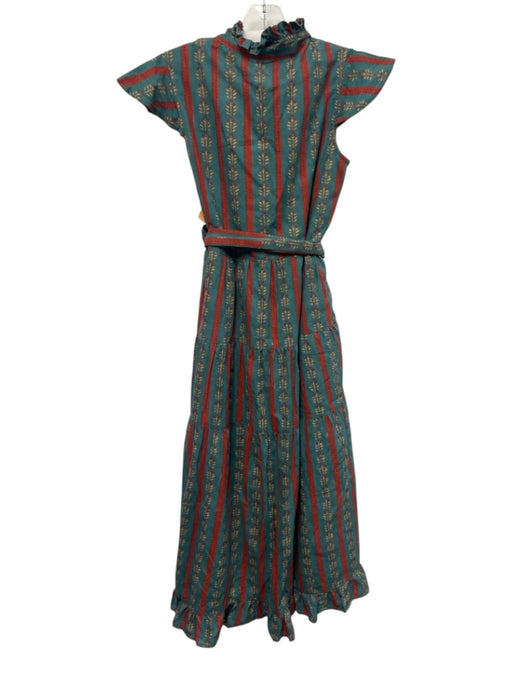 Victoria Dunn Size S Teal, Red & Yellow Cotton Cap Sleeve Button Up Tiered Dress Teal, Red & Yellow / S