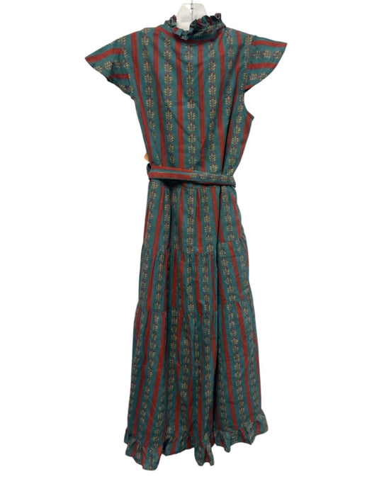 Victoria Dunn Size S Teal, Red & Yellow Cotton Cap Sleeve Button Up Tiered Dress Teal, Red & Yellow / S