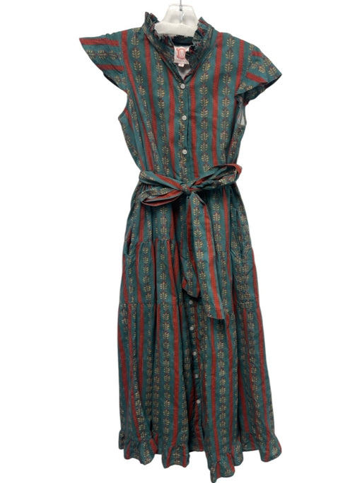 Victoria Dunn Size S Teal, Red & Yellow Cotton Cap Sleeve Button Up Tiered Dress Teal, Red & Yellow / S