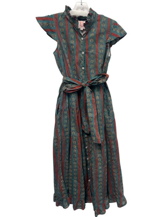 Victoria Dunn Size S Teal, Red & Yellow Cotton Cap Sleeve Button Up Tiered Dress Teal, Red & Yellow / S