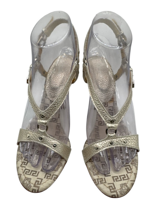 Versace Shoe Size 37 Gold Leather Upper Stud Detail Ankle Buckle Sandals Gold / 37