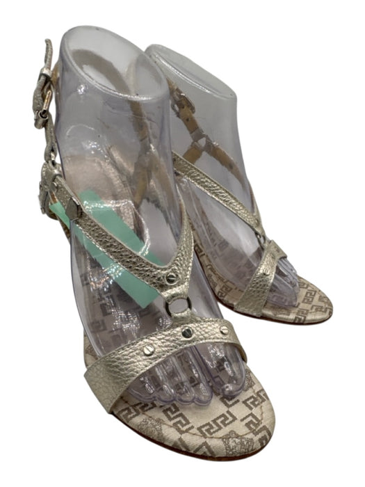 Versace Shoe Size 37 Gold Leather Upper Stud Detail Ankle Buckle Sandals Gold / 37