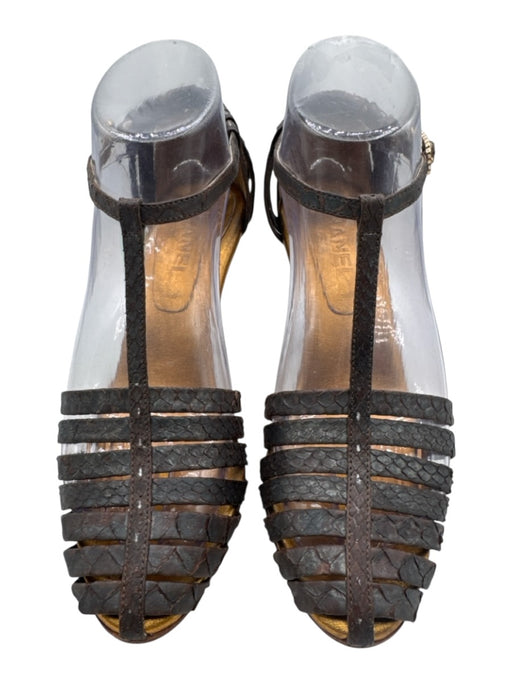Chanel Shoe Size 37.5 Dark Brown Leather Upper Snakeskin Caged T Strap Sandals Dark Brown / 37.5