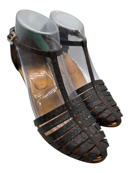 Chanel Shoe Size 37.5 Dark Brown Leather Upper Snakeskin Caged T Strap Sandals Dark Brown / 37.5