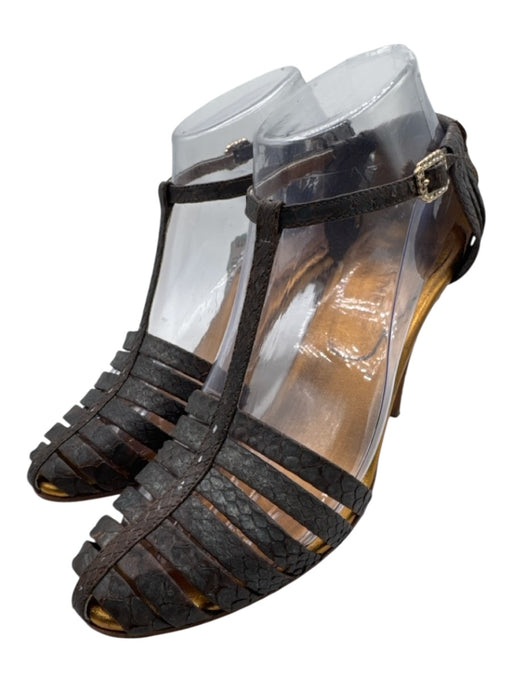 Chanel Shoe Size 37.5 Dark Brown Leather Upper Snakeskin Caged T Strap Sandals Dark Brown / 37.5
