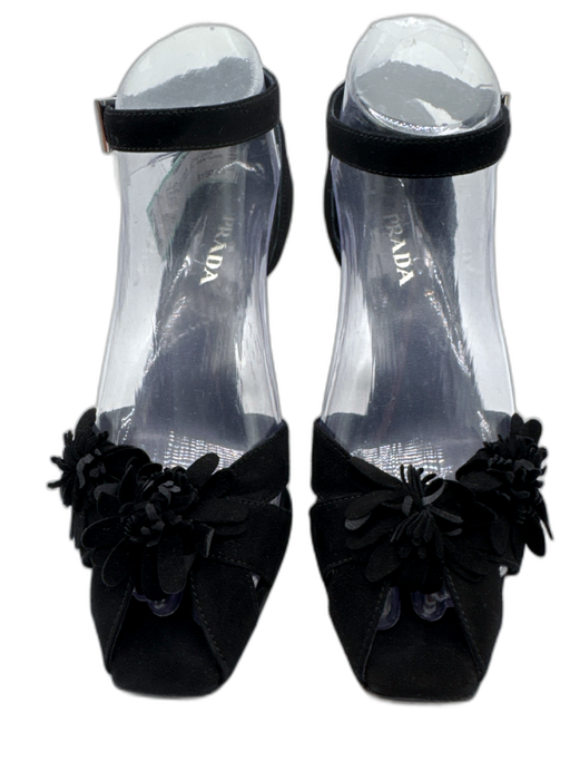 Prada Shoe Size 37 Black Leather Upper Suede Flower Chisel Toe Sandals Black / 37