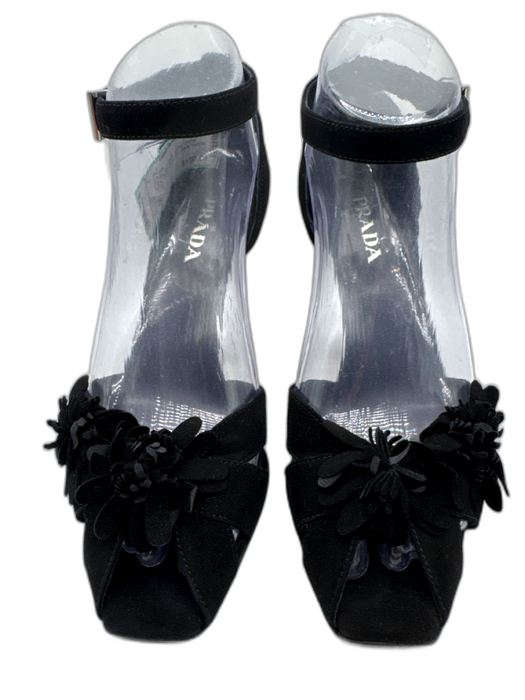 Prada Shoe Size 37 Black Leather Upper Suede Flower Chisel Toe Sandals Black / 37