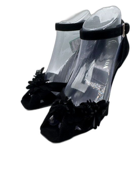 Prada Shoe Size 37 Black Leather Upper Suede Flower Chisel Toe Sandals Black / 37