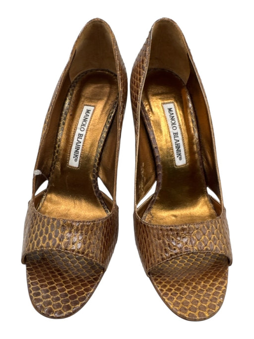 Manolo Blahnik Shoe Size 37.5 Gold Leather Upper Snakeskin Cutouts Pumps Gold / 37.5