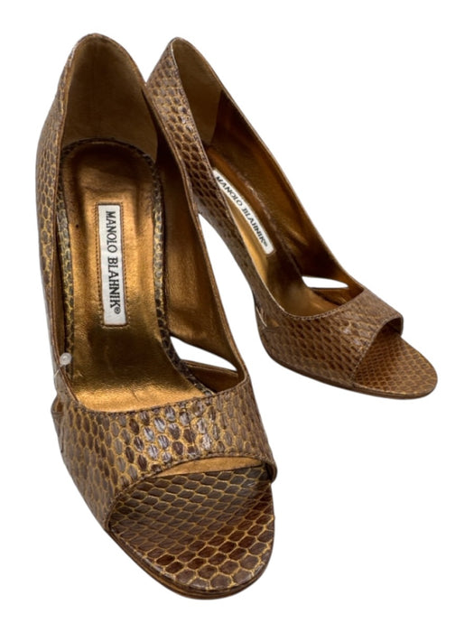 Manolo Blahnik Shoe Size 37.5 Gold Leather Upper Snakeskin Cutouts Pumps Gold / 37.5